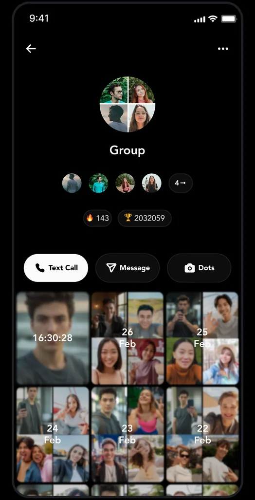 Group screen with Text Call, Message and Dots