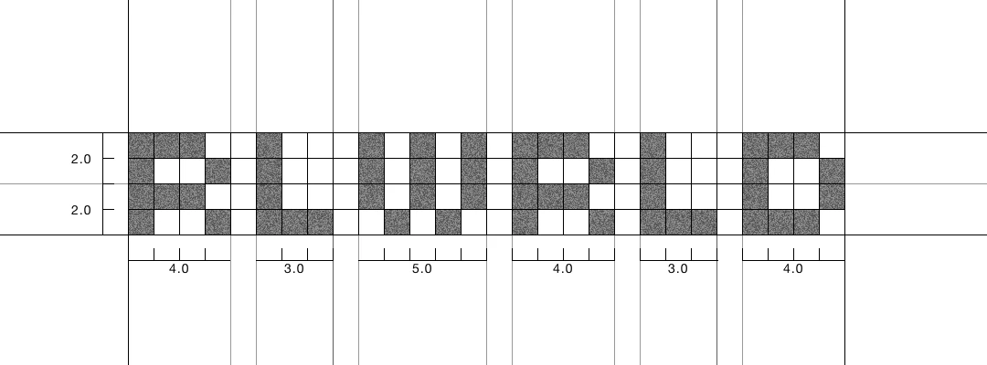 Logo construction on a 4-unit grid: letter widths 4, 3, 5, 4, 3, 4