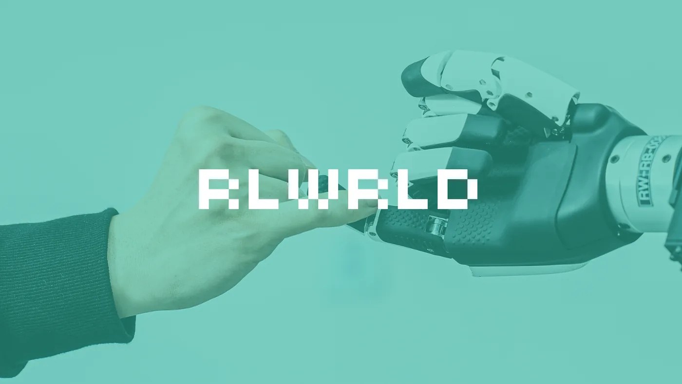Key visual: a human hand and a robot hand with the RLWRLD logo